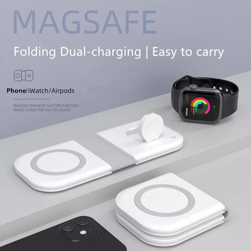 15W Magnetic Wireless Charger 2-in-1 - For iPhone 12 Series, iWatch, AirPods - Foldable Magsafe Charger