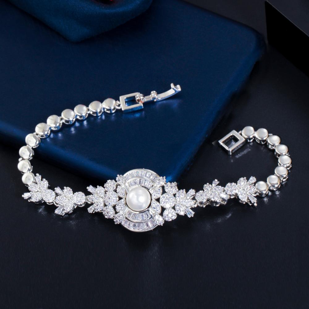 ThreeGraces Top Cubic Zirconia White Gold Color 4Pcs European Big Pearl Wedding Jewelry Set for Women Banquet Prom TZ567