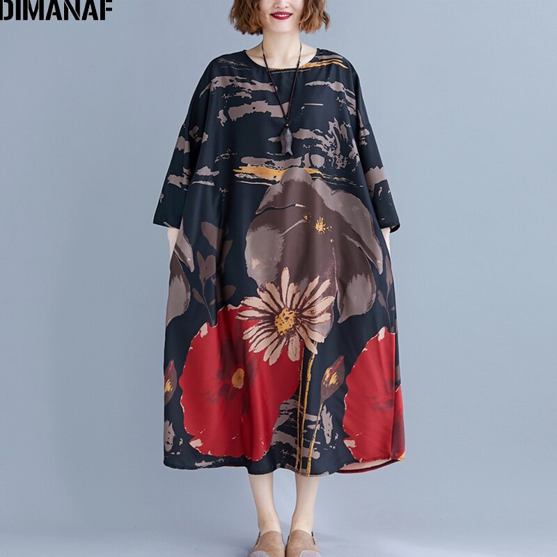 DIMANAF Plus Size Vrouwen Jurk Print Herfst Vintage Vestidos Chinese Stijl Elegante Vrouwelijke Lady Lange Mouwen Oversize Losse Jurk