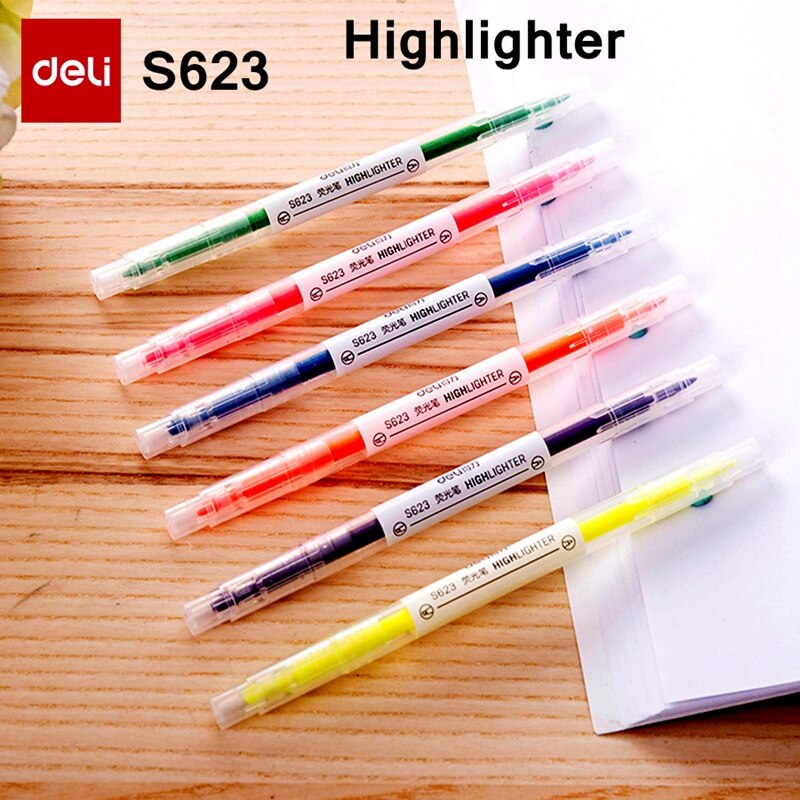 12PCS/BOX Deli S623 Double side Highlighters pen marker pen 6 colors Oblique & Round head double side highligters office school