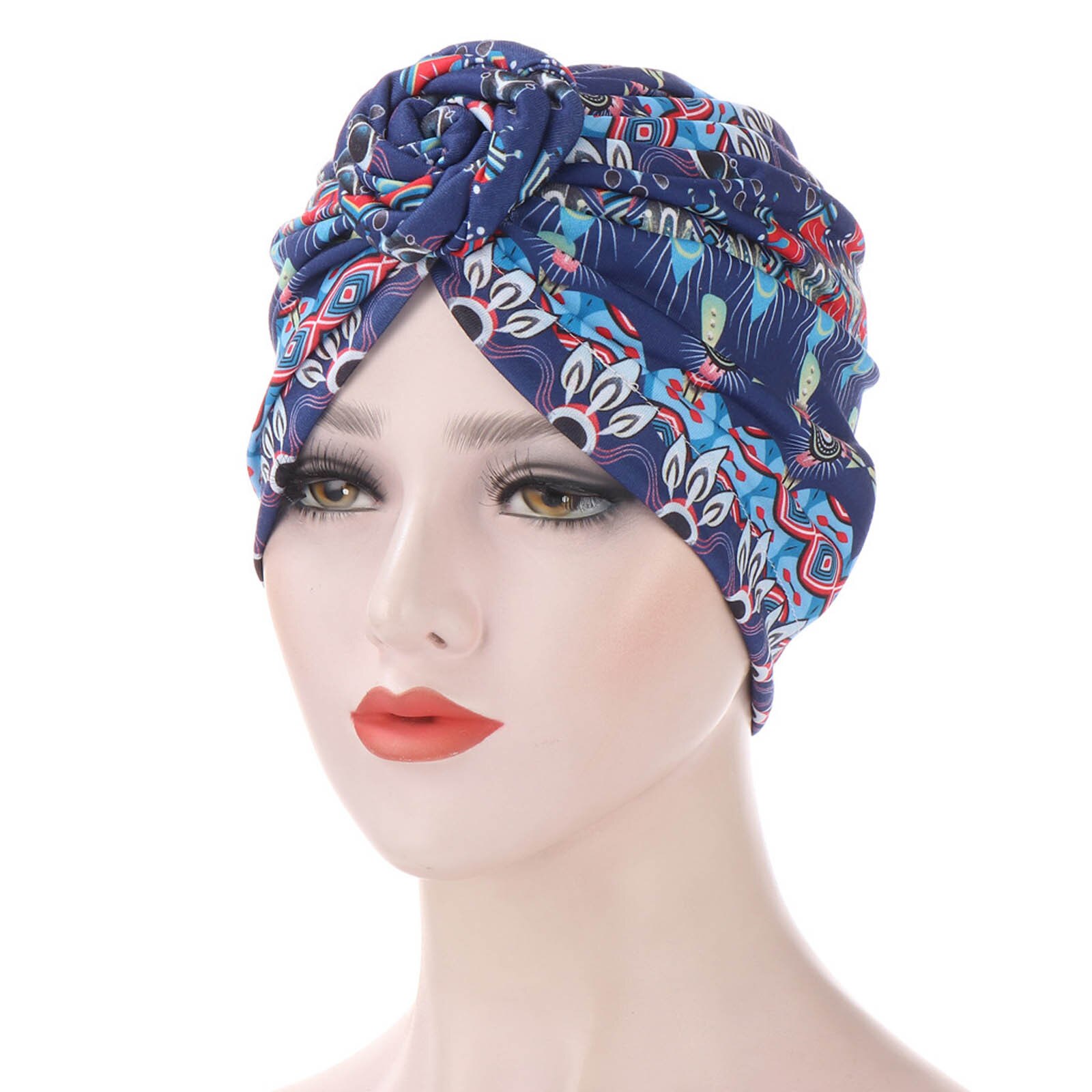 2020Fashion Women ethnic style hat scarf turban headgear cap printed Indian hat Baotou hat Muslim bottom cap mondkapjes wasbaar: Dark Blue