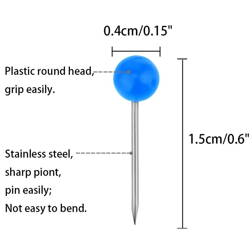 500 Map Tacks Push Pins Plastic Head With Steel Point Board Flag Desk Thumb Tacks Drawing
