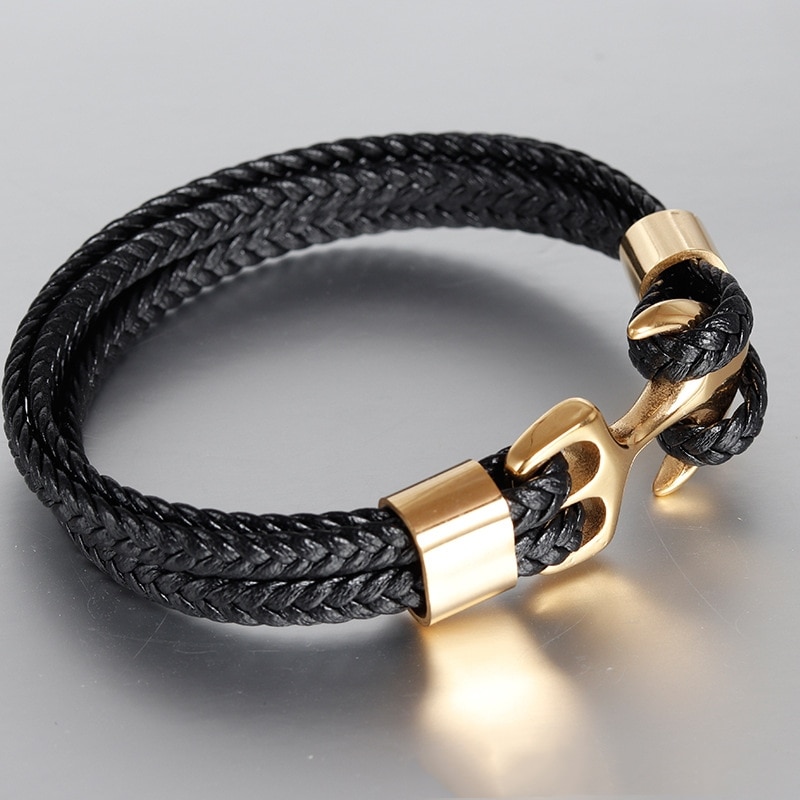 Roestvrij Stalen Armband Goud Black Metal Anker Grijs Woven Leather Charm Armbanden Voor Mannen En Vrouwen Sieraden