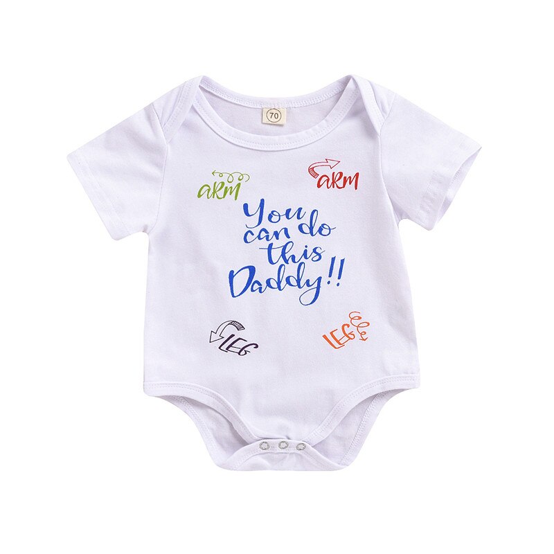 One Persent Baby Bodysuits Letter Print Round Neck Short Sleeve Bodysuit Jumpsuit for Girls Boys White Clothing