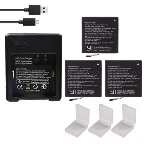 Xiaoyi-Paquete de batería de acción yi 4 K Original, cargador de batería con USB Dual para xiaomi yi lite, Cámara de Acción xiaomi yi 4 k: 3battery charger