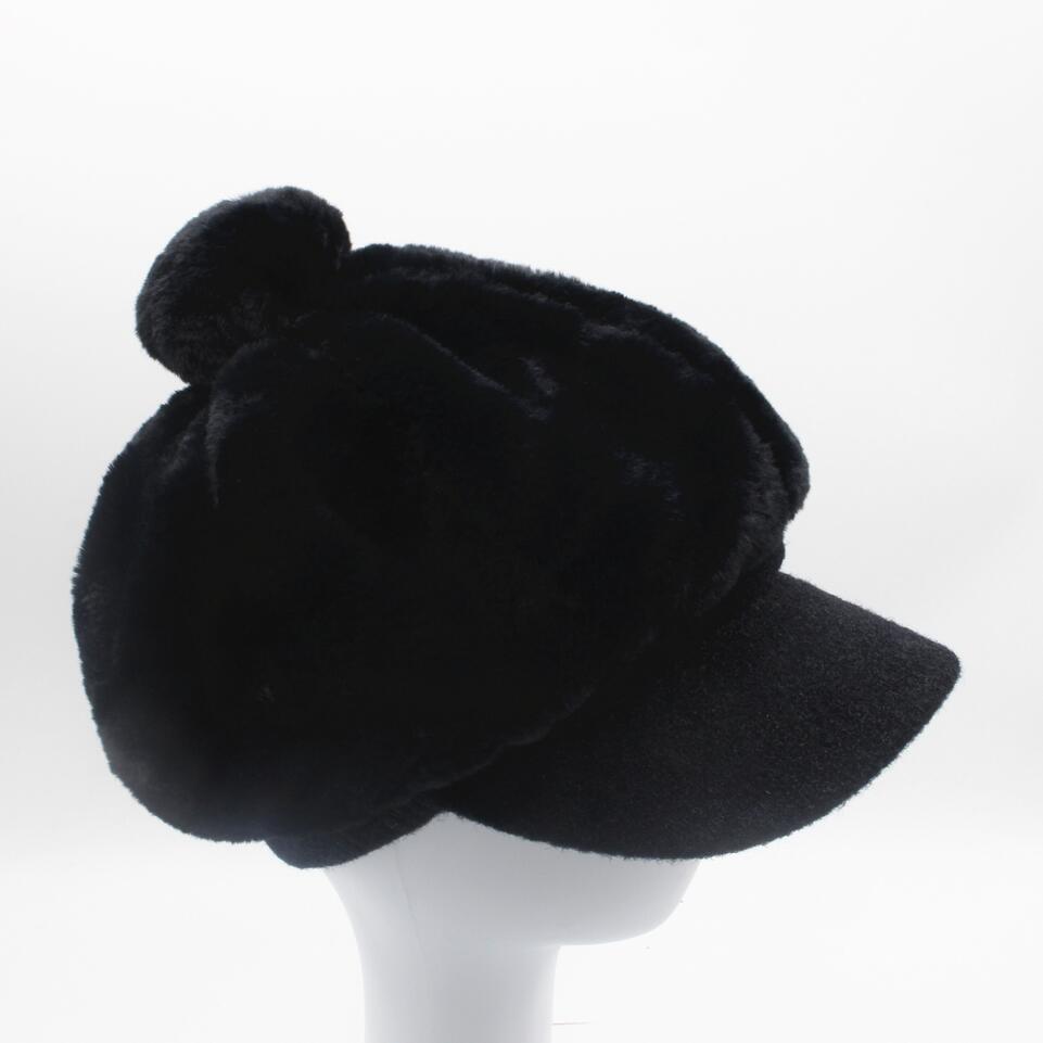 Gorro de punto para niña y niño, boina rosa, octogonal, liso, Newsboy, sombrero para mujer de piel sintética, sombrero de panadero con pompón: Black