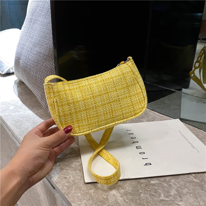 Bolso de hombro Retro , bolso de mano Vintage, bolso Hobos para mujer, Bolso Baguette femenino de lona, Mini Bolsa subaxilar femenina: Yellow