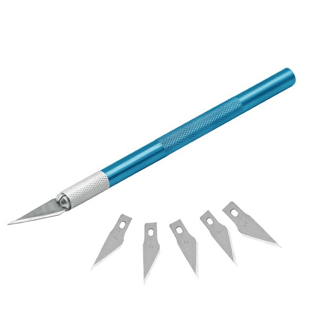 6pc/ sæt læder skære kniv pen kniv aluminium stang udskæring værktøj graver cutter håndværk læder skåret metal håndtag udskifteligt blad: Blå med 5 knive