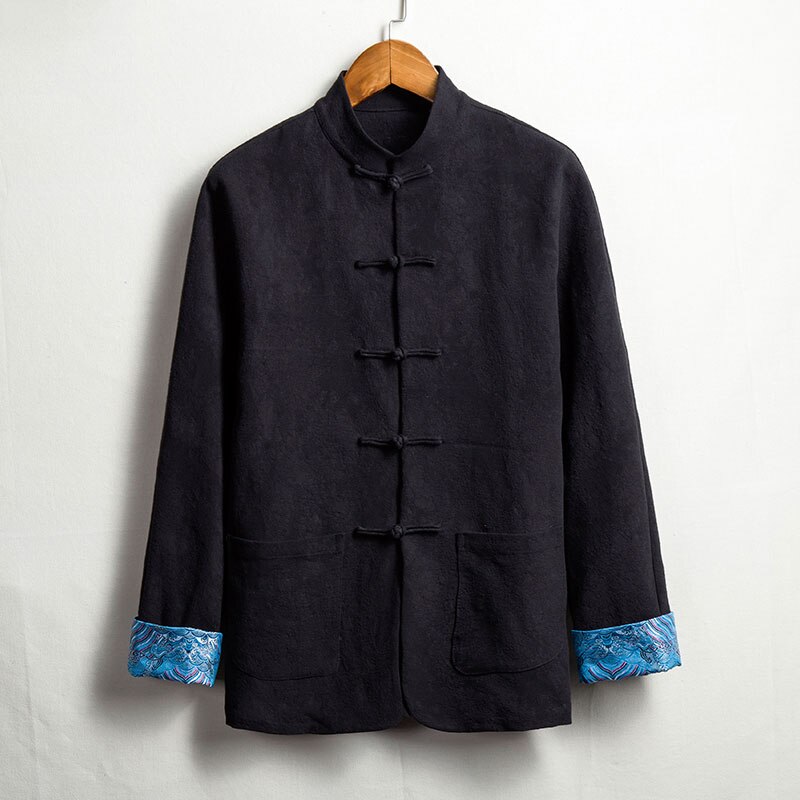Chinese Style Men'S Cotton And Linen Jacket Middle-Aged Retro Long-Sleeved Linen Chinese Style Buckle Top Hanfu: Black / M