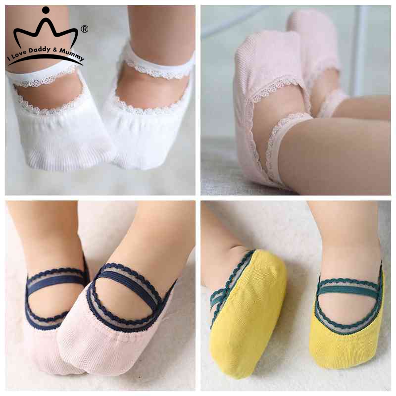 Verão rendas bebê meias cor sólida anti-deslizamento meias da menina do bebê com solas de borracha crianças macio algodão sapatos meias
