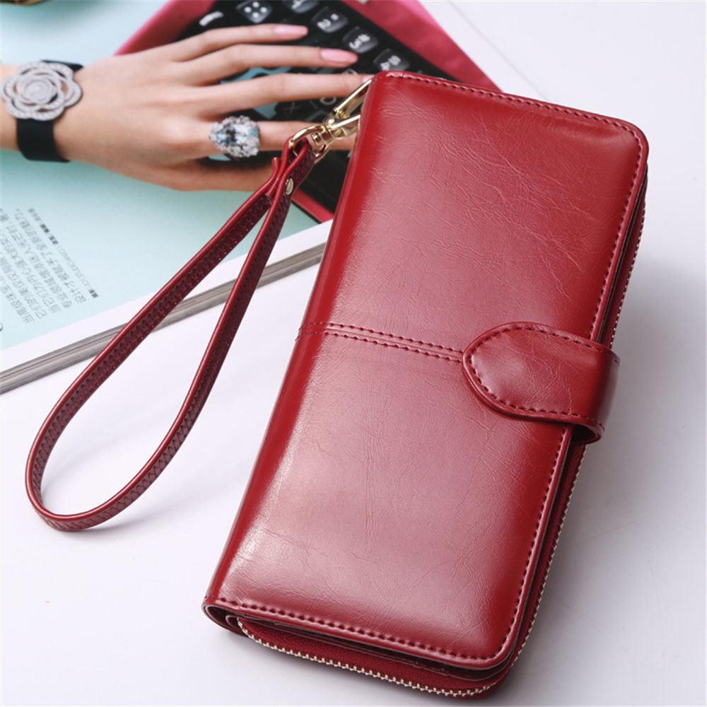 7 farver kvinders lange læder kobling solid tegnebog stor kapacitet taske kortholder lynlås: Burgunder