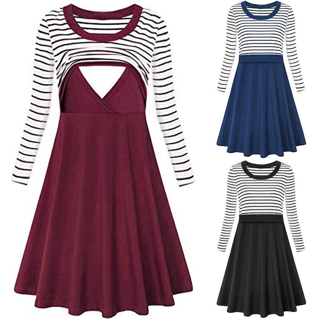 Maternity Breastfeeding Dresses Women's Stripe Long Sleeve Flare Nursing Dress Robe Grossesse Premama Clothes For Pregnant Women