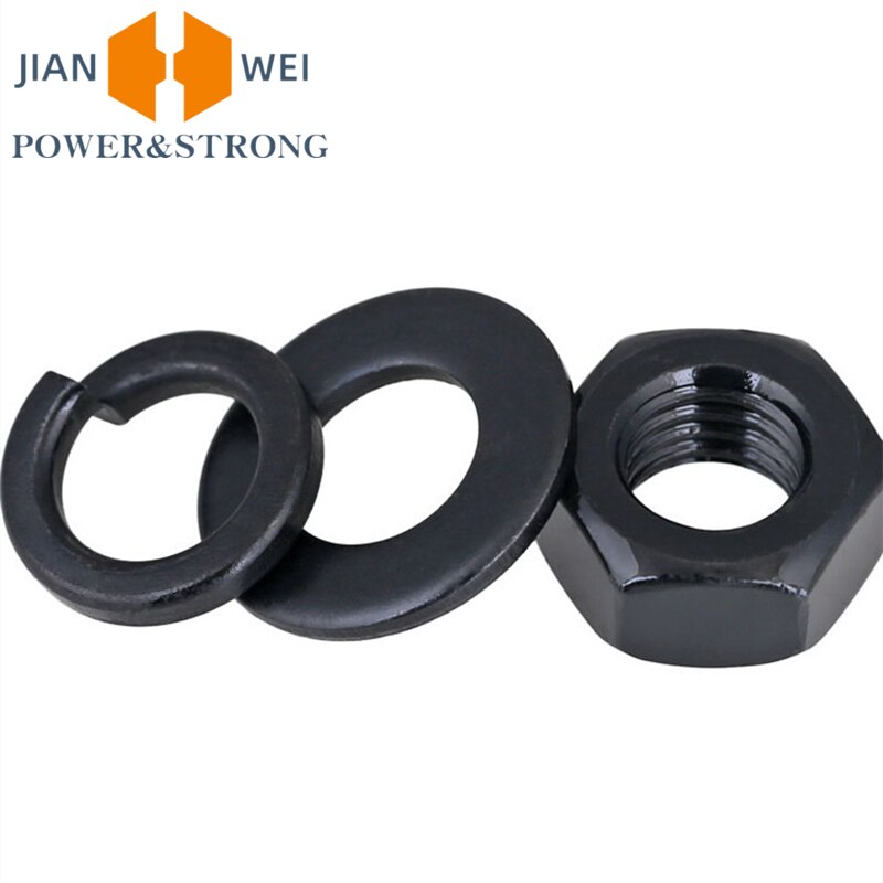 50 sets M2 M2.5 M3 M4 M5 M6 M8 M10 M12 M14 M16 M18 M20 M22 M24 M27 M30 Grade 8.8 Zwart Hoge Sterkte Zeshoek Moer met Spacer Platte Ring Pakking Veerring