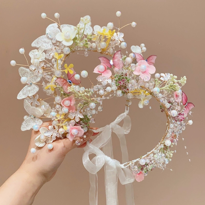 Rosa fjärils-pärlblomma-hårband för flickor, kranshårband för barn, håraccessoarer för fest