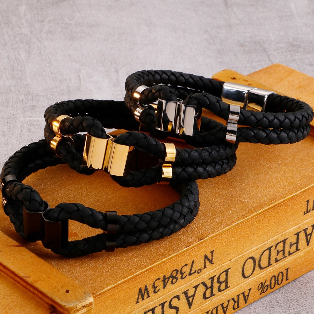 Brazaletes de cuero trenzado de doble capa para hombre brazalete Heren con cierre magnético pulsera para hombre Oro Negro S. Gota de acero