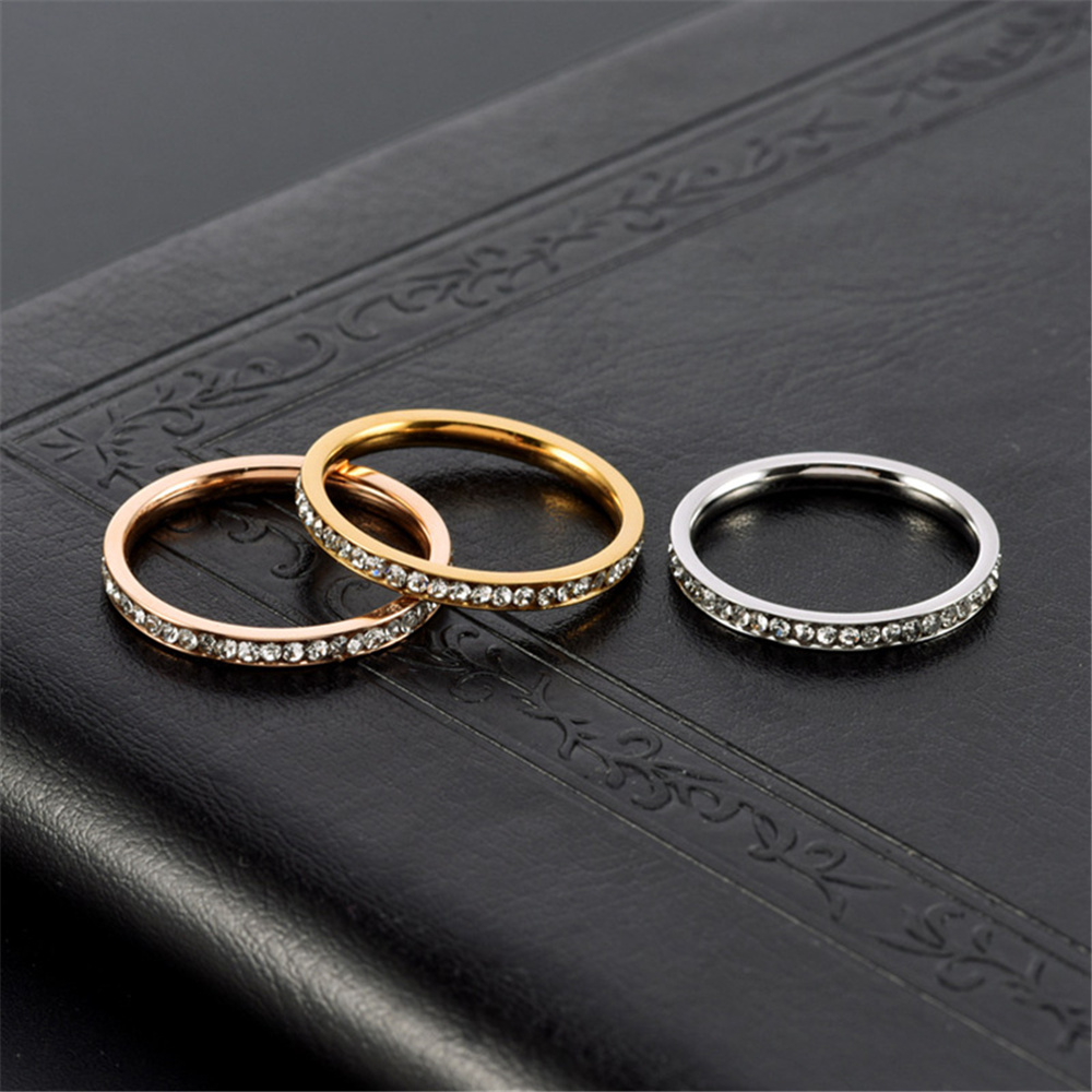 Anillo de circonia cúbica helada de 2mm para mujer, anillos de boda de acero inoxidable de Color dorado y plateado para mujer, de joyería de