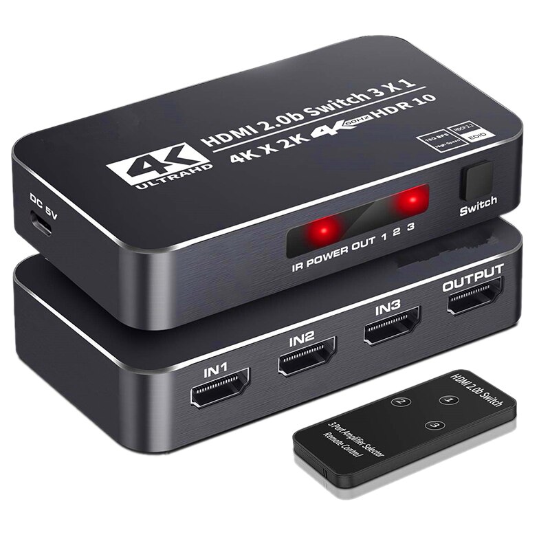 4K HDR HDMI Switch 3 Ports HDMI 2.0 Switcher Selector with IR Wireless Remote, Supports UltraHD Dolby Vision(US Plug)