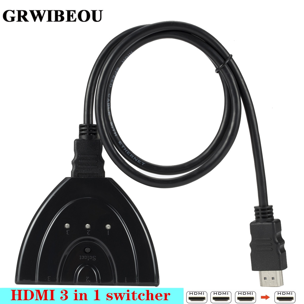 Grwibeou Mini 3 Port HDMI Splitter Adapter Kabel 1080P HDMI Switcher HDMI Switch 3 in 1out Port Switch Hub voor HDTV Xbox PS3 PS4