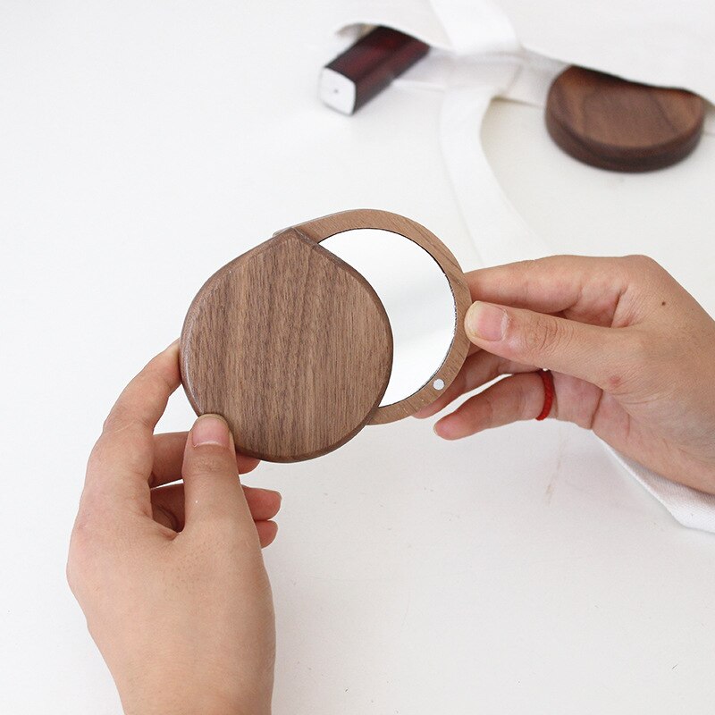 Wooden Mirror Round Foldable Mirrors Japanese Style Portable Walnut Small Mirror Make Up