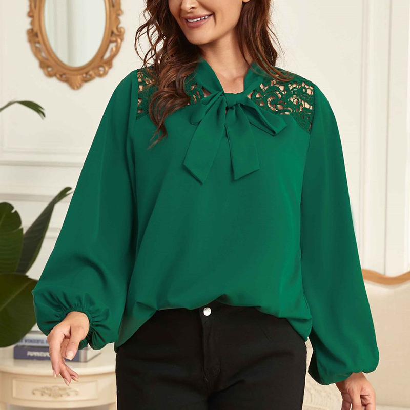 Camisa de manga larga de encaje para mujer, blusa femenina de Color sólido, talla grande, de otoño e invierno, 2022