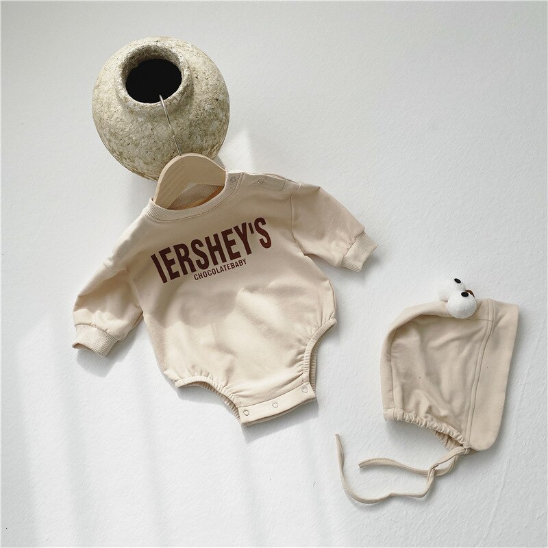 Spring Newborn Baby Bodysuit Infant Cotton Long Sleeve Baby Boy Letter Print Jumpsuit Girls Clothes With Hat: 5067apricot / 12M   80cm