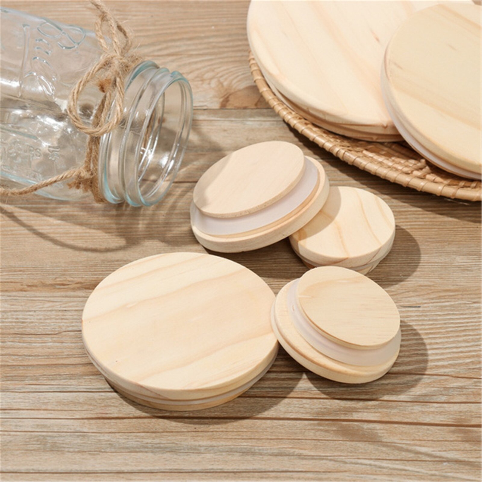 Reusable Mason Jar Canning Caps Non Leakage Pine Wooden Cover Lids with Silicone Seal Ring for Candle Cup Glass Accessories