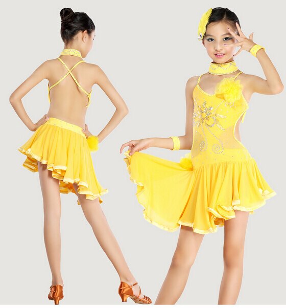 Stage Performance Zwart Geel Set Mode Rumba Latin Cha-cha Dans Jurk Tango Samba 110-160 cm Professionele meisje Kind Kostuum: YELLOW / XXXL