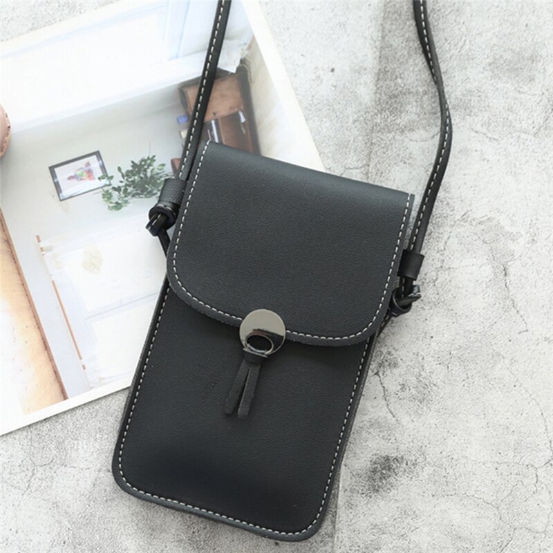 Touch screen mobiltelefon taske smartphone tegnebog kvast læder skulderrem håndtaske kvinder taske: Sort