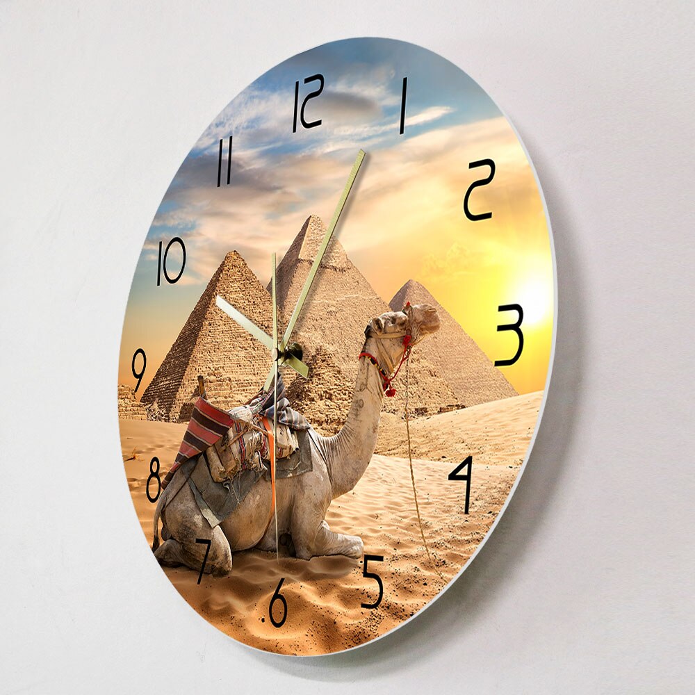 Sahara Animals Sunset Desert Camel Wall Clock Egypt Pyramids Egyptian Architecture Home Decor Quiet Clocks Africa Travel