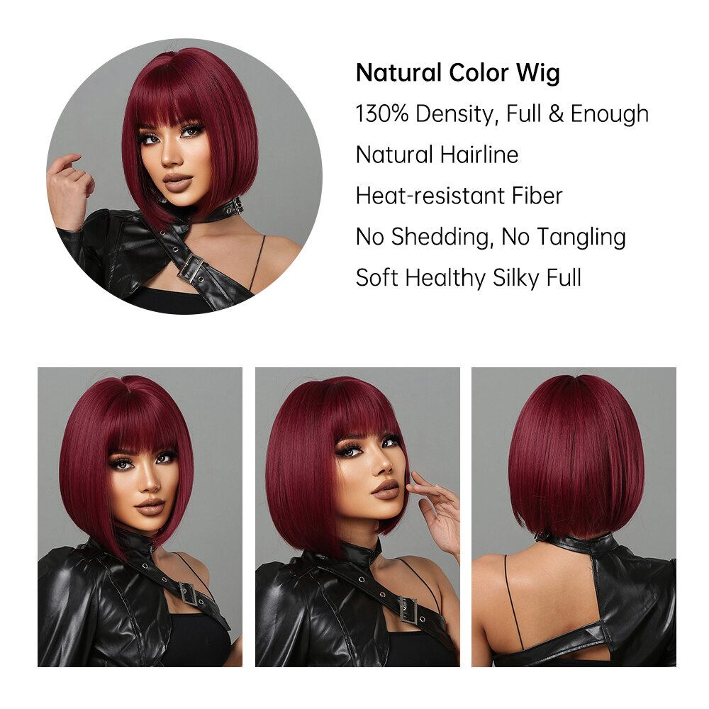 Vinho curto vermelho Bob perucas para mulheres Borgonha Bob perucas com Franja grossa peruca sintética resistente ao calor