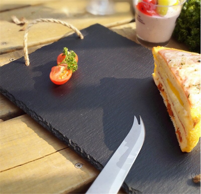 Met Touwen Handvat Westerse Natuurlijke Leisteen Gerechten Effen Vierkante Steen Sushi Steak Bbq Plaat Kaas Pizza Platte Fruitschaal Voedsel lade