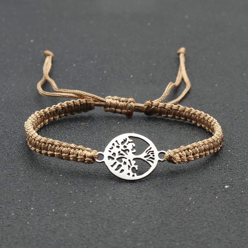 Pulsera de cuerda hecha a mano para hombre y mujer, brazalete de acero inoxidable con colgante de árbol de la vida, ajustable, para pareja: Khaki