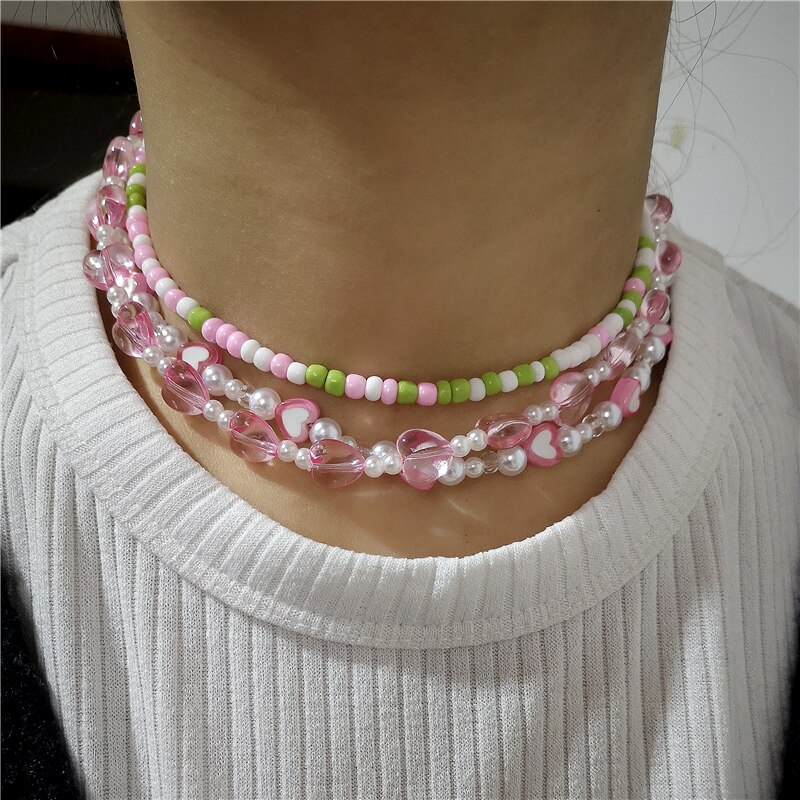 2022 new goth candy color pink pearl peach heart beaded necklace for female harajuku cute egirl party  y2k jewelry accessories