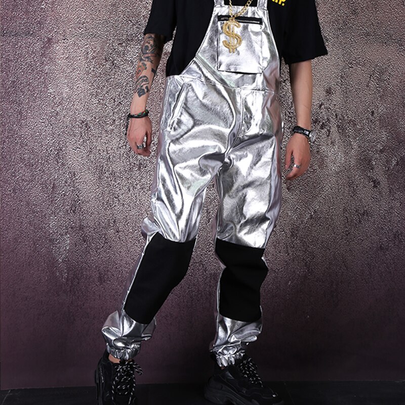 Men Hip Hop Punk Streetwear Silver Leather Overalls Jumpsuit Pant Male Women Casual Bib Pant Harem Trouser Stage Costume