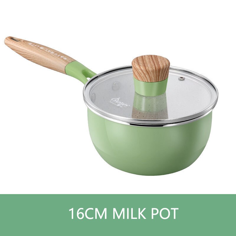 Non Stick Frying Pan With Wooden Handle Cooking Pot Set Breakfast Crepe Maker Pan Korean Cookware Saucepan Ramen Milk Pot: green 16cm milk pot