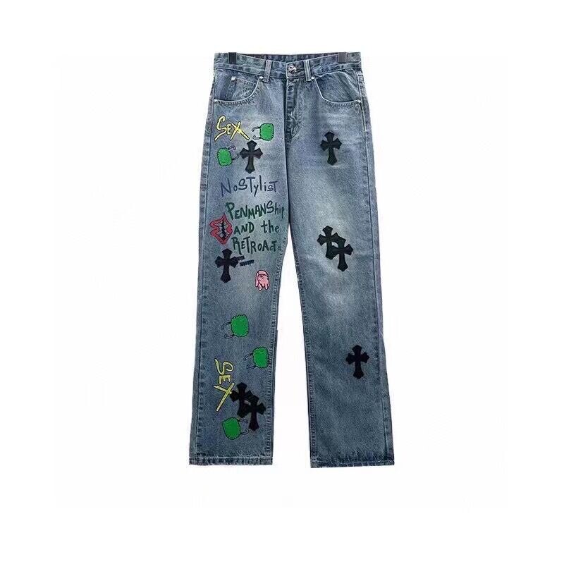 Men Harajuku Denim Pants Hip Hop Streetwear Cross  – Grandado