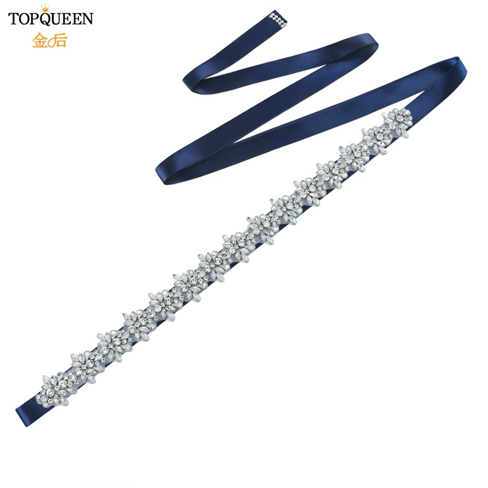 Topqueen s269 faixas de cristal de strass femininas dama de honra festa à noite cinto vestidos de noiva acessórios cintura cintos nupciais: Navy blue ribbon