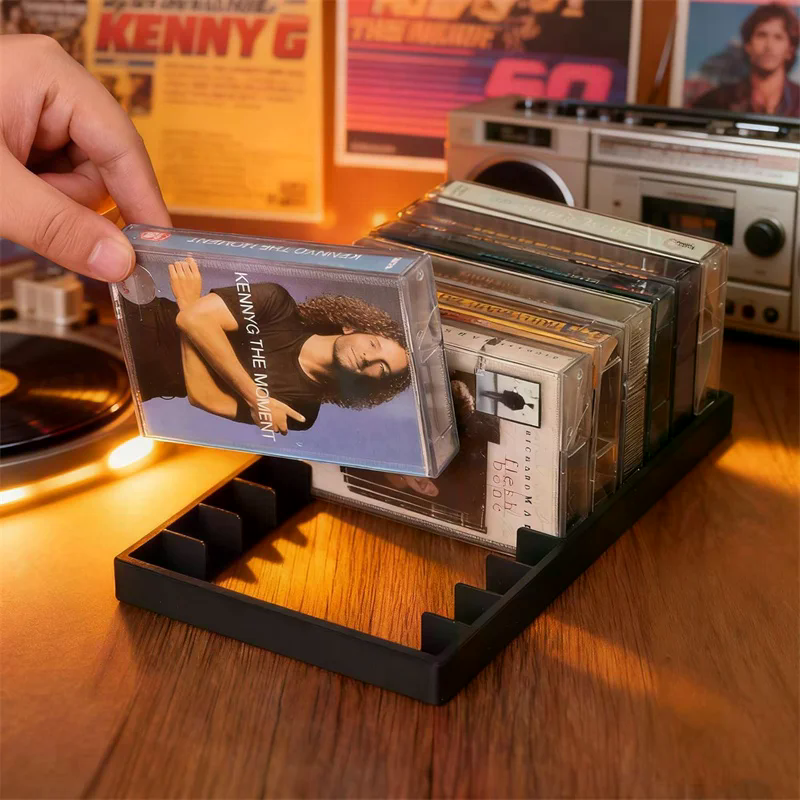 Compact Cassette Tape Organizer Black Plastic Box Magnetic Closure Durable Large Capacity Storage Holder