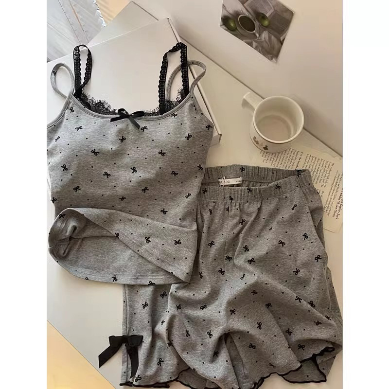 Dames zomer nachtkleding set met jarretels, stippenprint en borstkussen, sexy tweedelige nachtkleding set voor thuis
