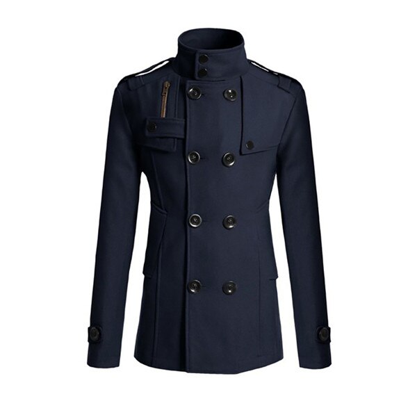 Herfst winter wollen jas heren mandarijn kraag wolmix dubbelrijs jas jas heren overjassen: Marineblauw / Xxl