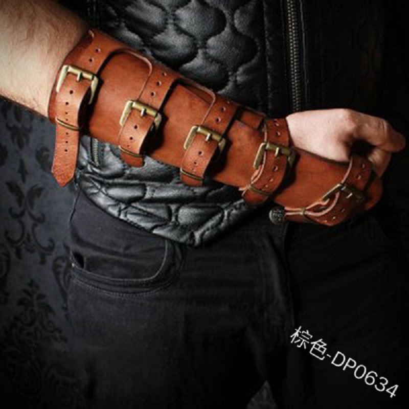 Steampunk Viking Leather Bracers Medieval Retro Strap Buckle Adjustable Leather Gloves Vambraces Cosplay Bracelet Party Costume