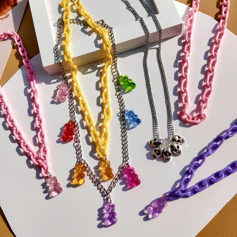 Regenboog Leuke Jelly Kleine Beer Ketting Bohemian Ketting Transparante Beer Hanger Kettingen Sieraden Voor Vrouwen Kids Accessoires