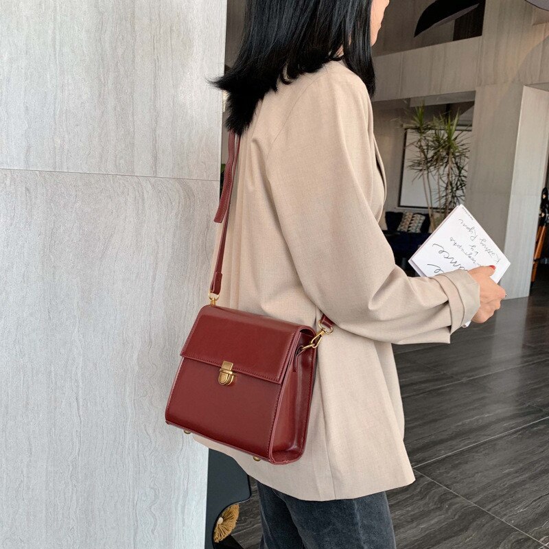 Style Women's Bag Lock Lock PU Leather Shoulder Bag Solid Color Single Shoulder Messenger Small Square Bag