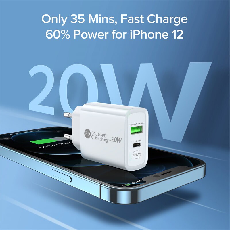 PD 20W ładowarka USB C QC + PD 2 Port LED szybka ładowarka ścienna do telefonu iPhone 13 12 Huawei Xiaomi Samsung szybka ładowarka