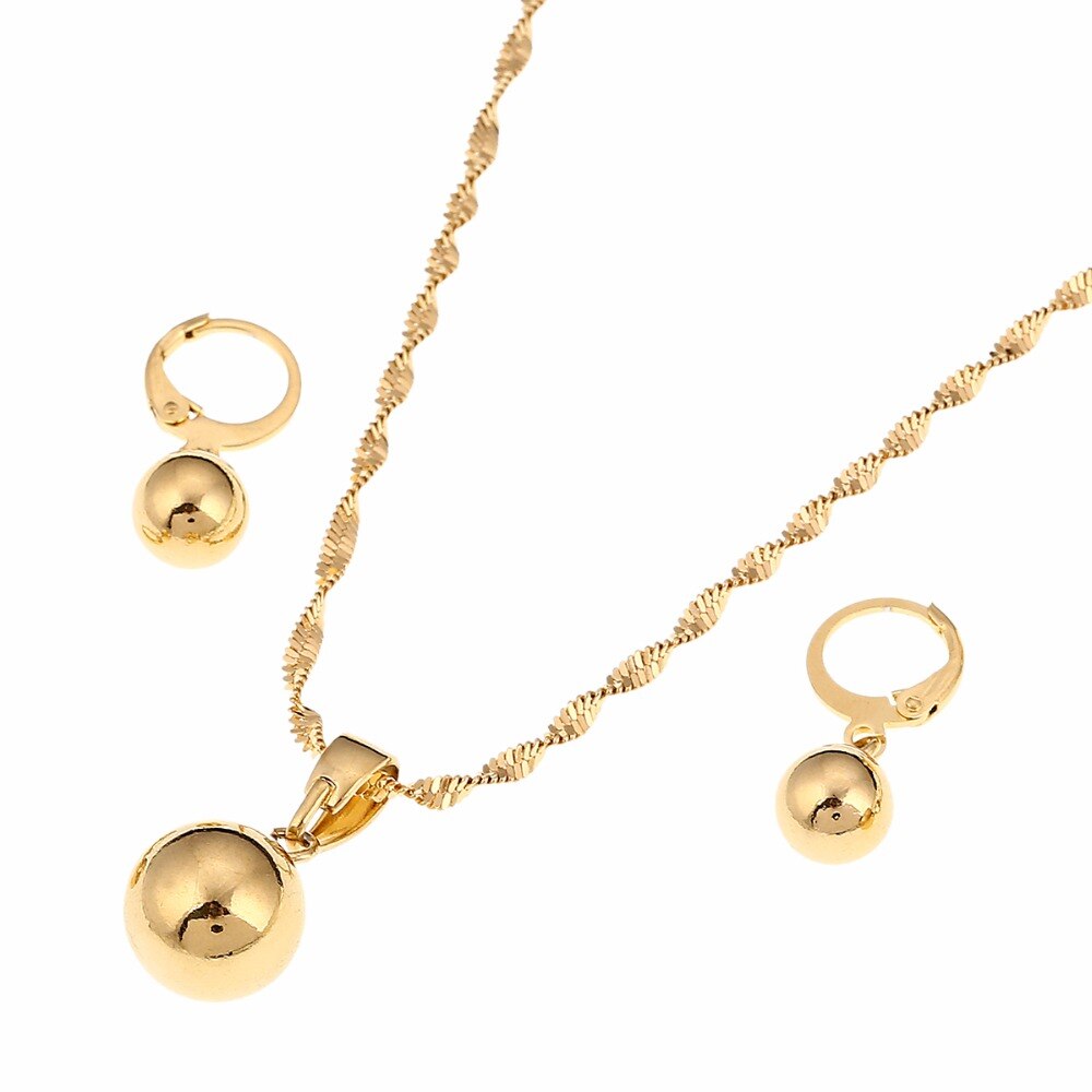 Gold Color Plain Bead Jewelry Round Pendant Chain Necklace Ball Earrings Pendant Women Jewelry Set