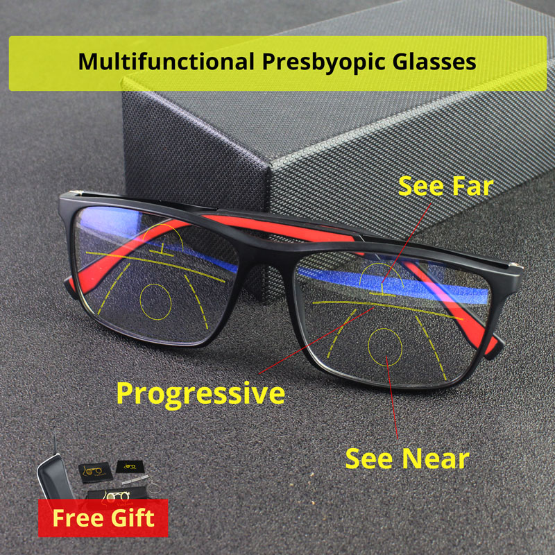 Gafas de lectura multifocales progresivas para hombre y mujer, lentes con bloqueo de luz azul TR90, montura cuadrada deportiva de aluminio y magnesio, UV400 + 2 3