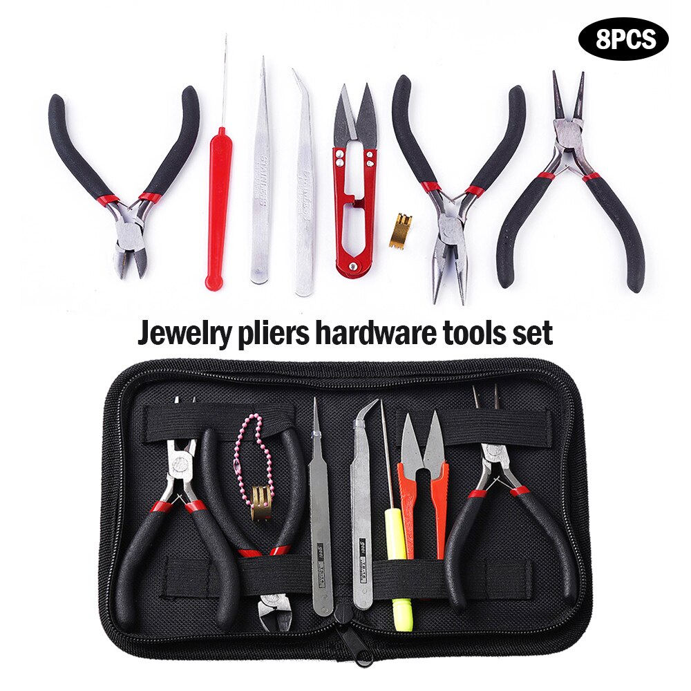 8pcs/set Jewelry Making Tool Kits Pliers Set With Round Nose Plier Side Cutting Pliers Wire Cutter Scissor Beading Tweezers