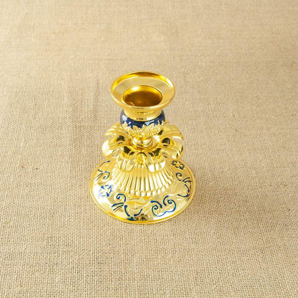Orthodox Church Candle Holder Gold Plated Single Candlestick with Colored Enamel Religion Church Home Table Easter Decor: Blue