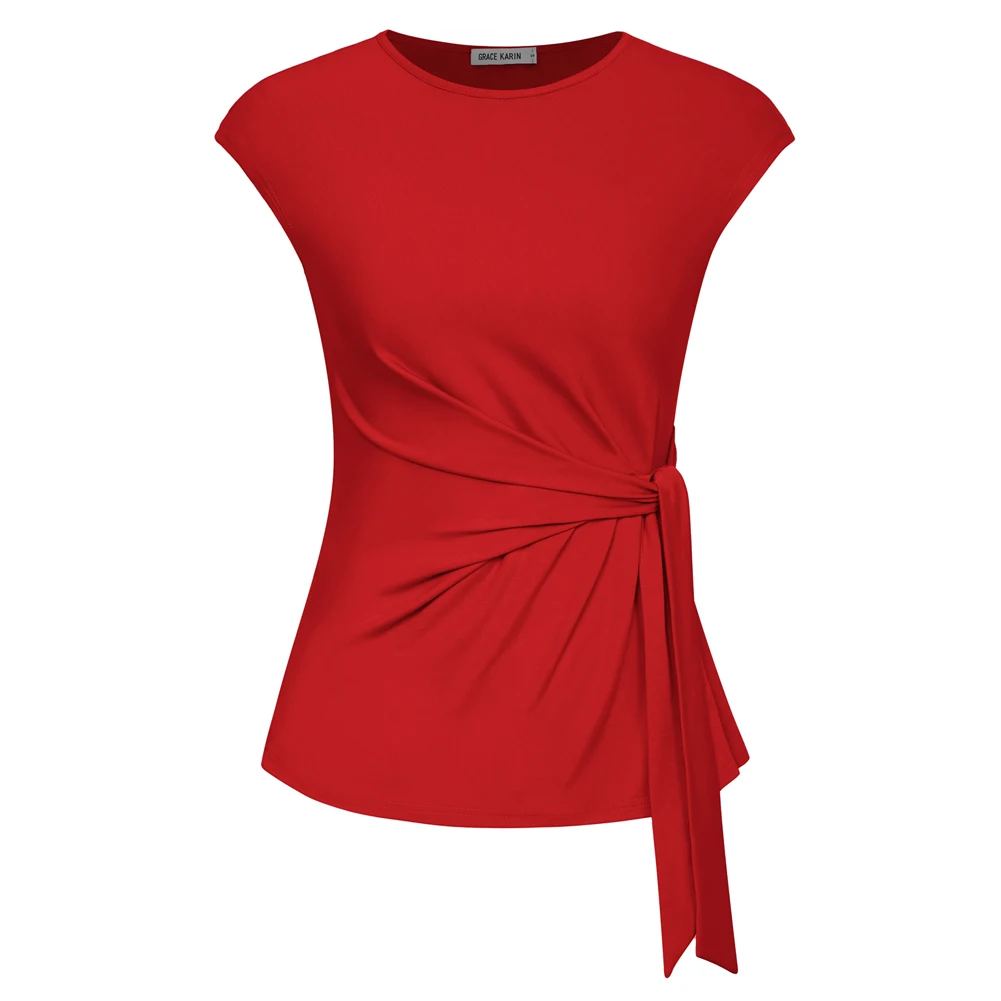 Gk kvinder bluser foran sløjfe knude dekorerede toppe klassiske kasketærmede rund hals pullover sommertoppe bluser femme: L / Rød