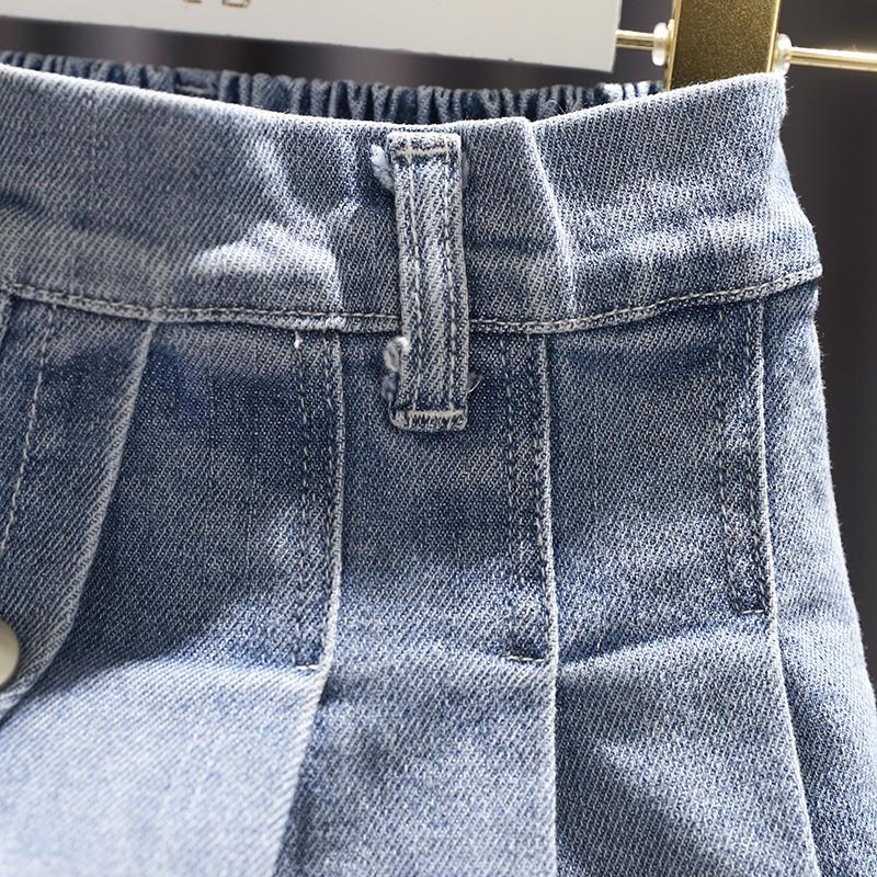 Gonna a mezza lunghezza di personalità in stile occidentale per bambina gonna in denim pieghevole per bambina primavera ed estate P4619